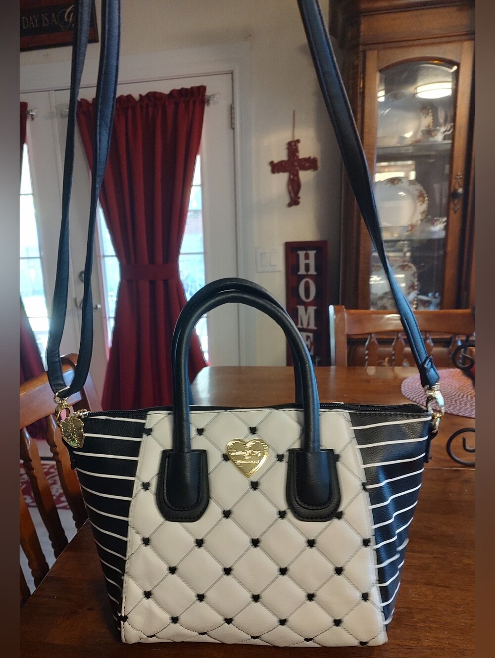 Charming Quilted Black & White Tote - Heart Accent